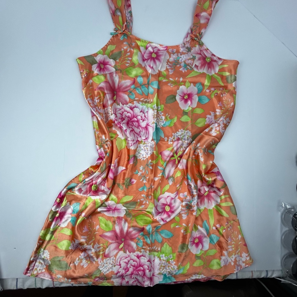 Floral Satin Slip Dress in Peach with Pink Blooms - Picture 5 of 6